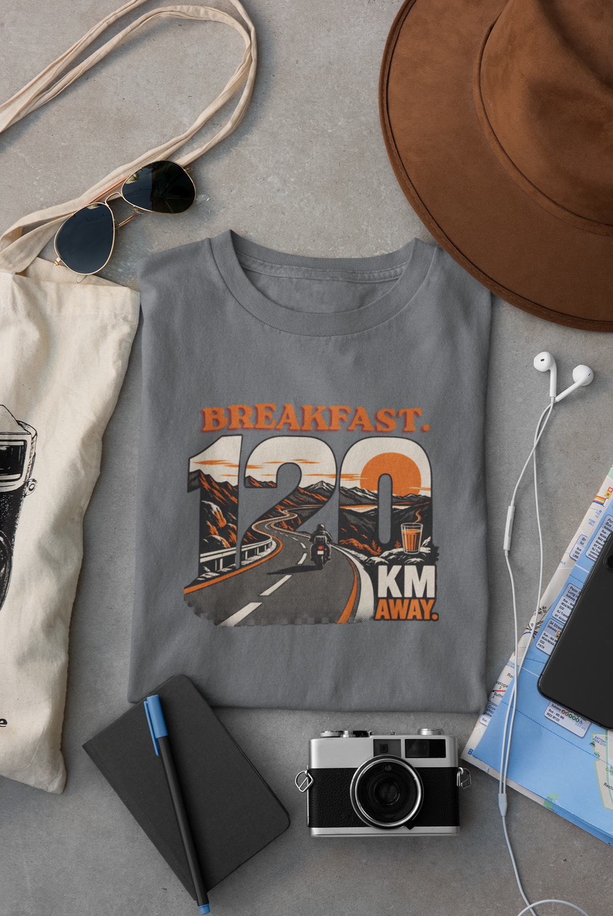 Charcoal Melange Vipaniq classic T-shirt featuring the Breakfast 120 KM Away road and rider graphic on the front.