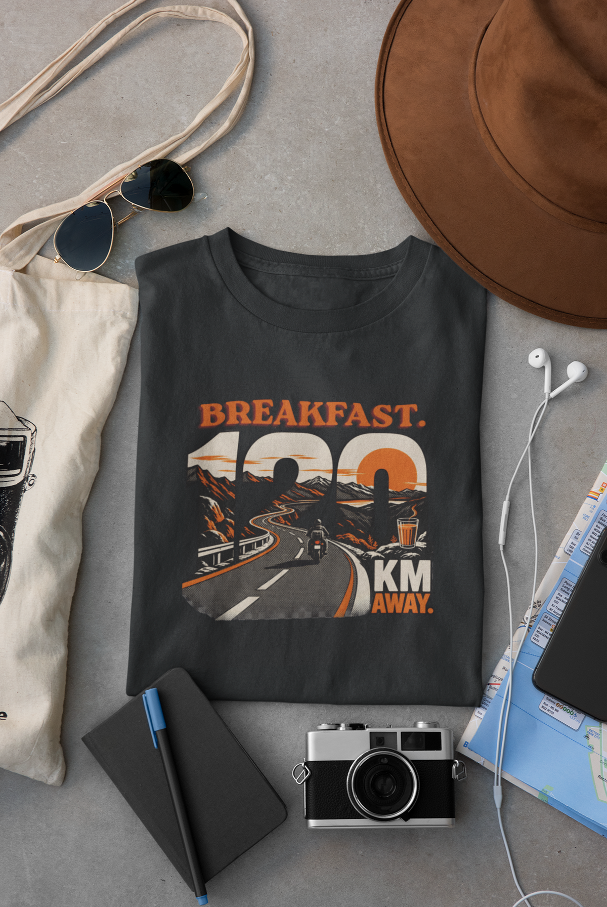 Navy Blue Vipaniq classic T-shirt featuring the Breakfast 120 KM Away road and rider graphic on the front.