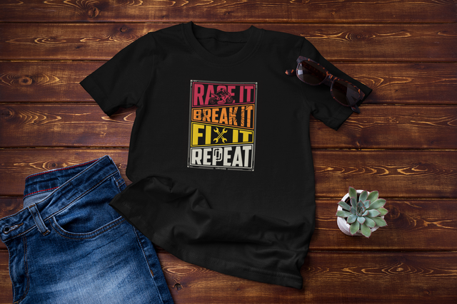 Ride It Break It Fix It Repeat graphic printed on a black oversized motorcycle rider T-shirt from VIPANIQ RIDE.