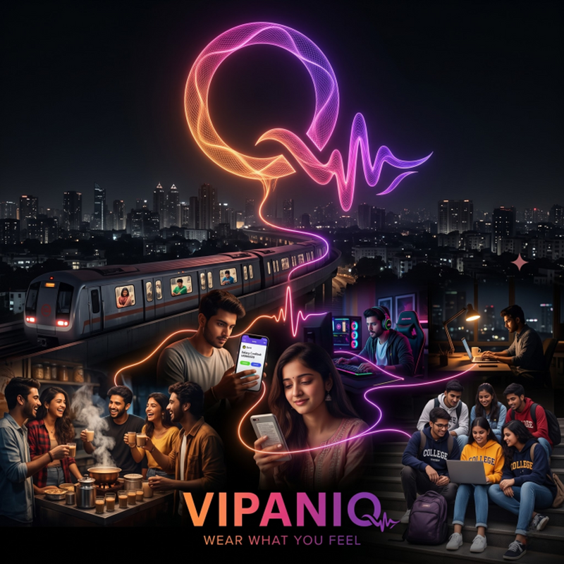Promotional graphic for VIPANIQ featuring a glowing neon Q-shaped heartbeat logo in pink, purple, and orange over a nighttime city scene with a train and students using smartphones and laptops. The text 'VIPANIQ' and 'WEAR WHAT YOU FEEL' appear at the bottom.
