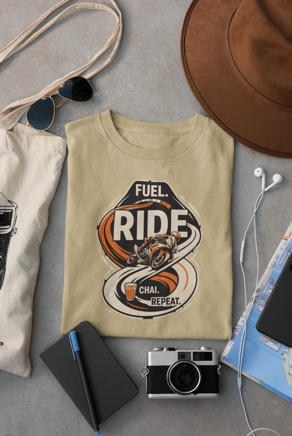 Beige Vipaniq classic T-shirt with Fuel Ride Chai Repeat motorcycle, road and chai graphic.