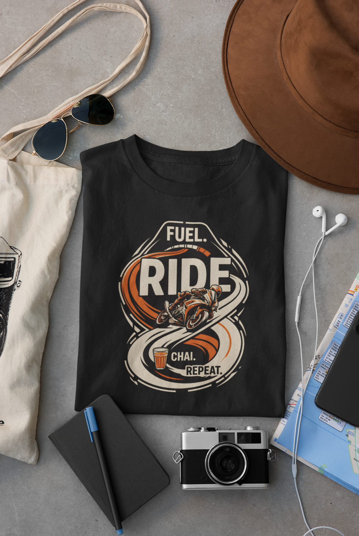 Black Vipaniq classic T-shirt with Fuel Ride Chai Repeat motorcycle, road and chai graphic.
