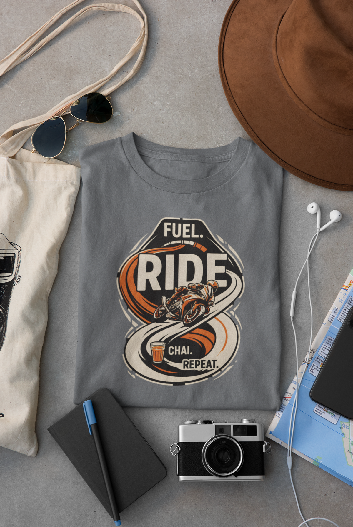 Charcoal Melange Vipaniq classic T-shirt with Fuel Ride Chai Repeat motorcycle, road and chai graphic.