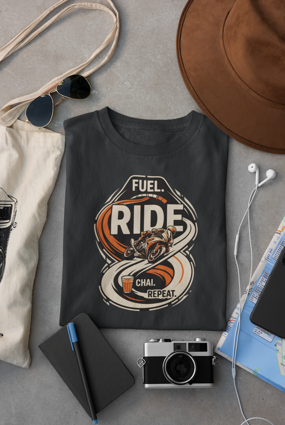 Navy Blue Vipaniq classic T-shirt with Fuel Ride Chai Repeat motorcycle, road and chai graphic.