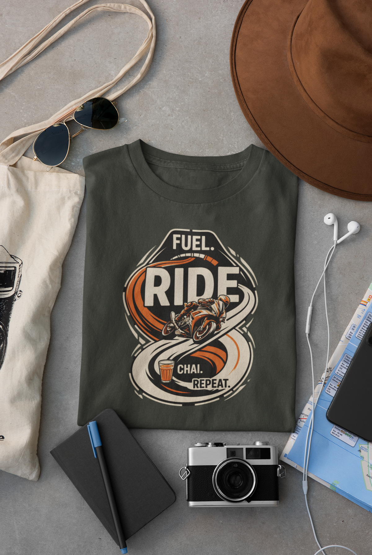 Olive Green Vipaniq classic T-shirt with Fuel Ride Chai Repeat motorcycle, road and chai graphic.