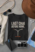 Black Vipaniq classic T-shirt with Last Chai Before Home route and chai graphic.