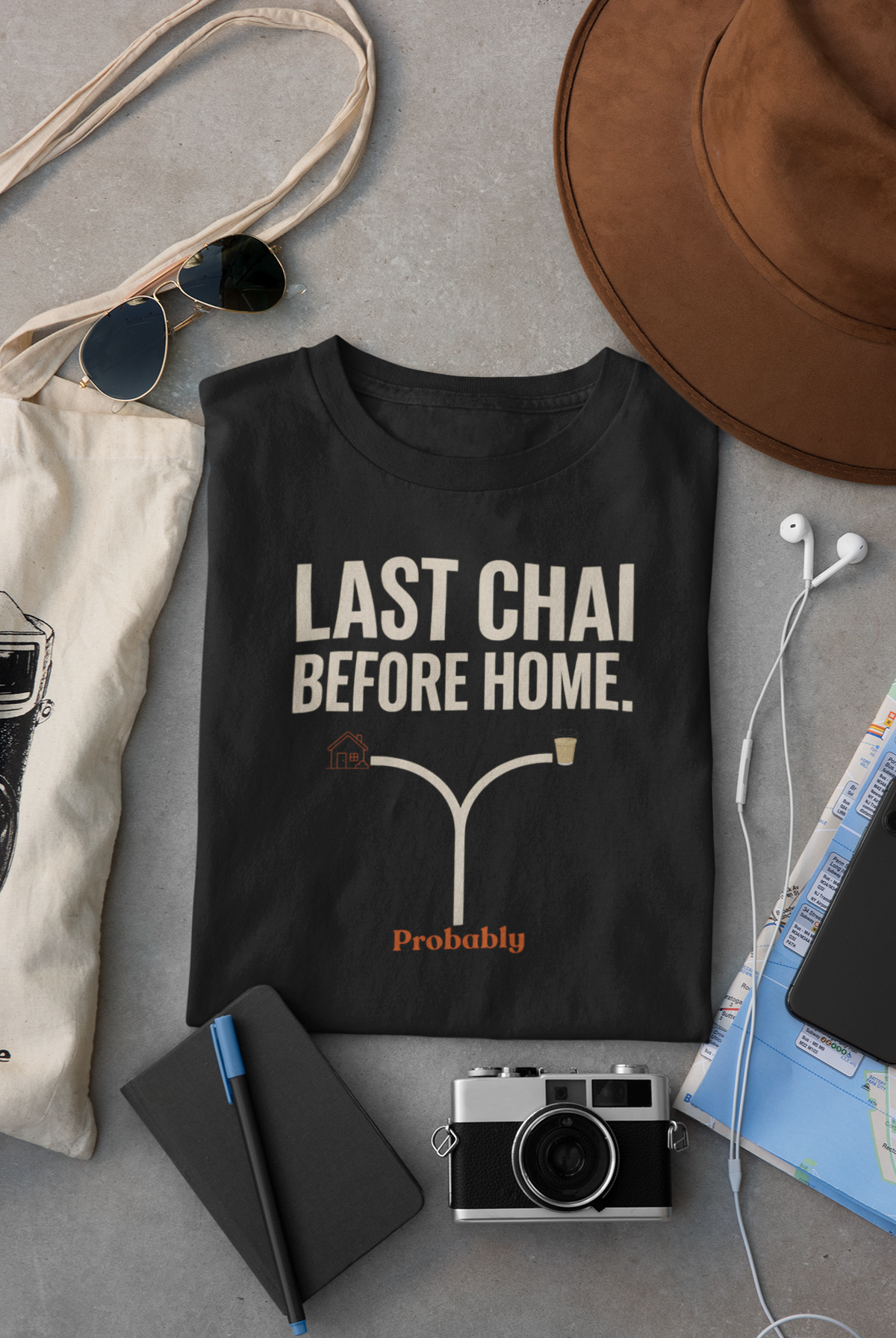 Black Vipaniq classic T-shirt with Last Chai Before Home route and chai graphic.