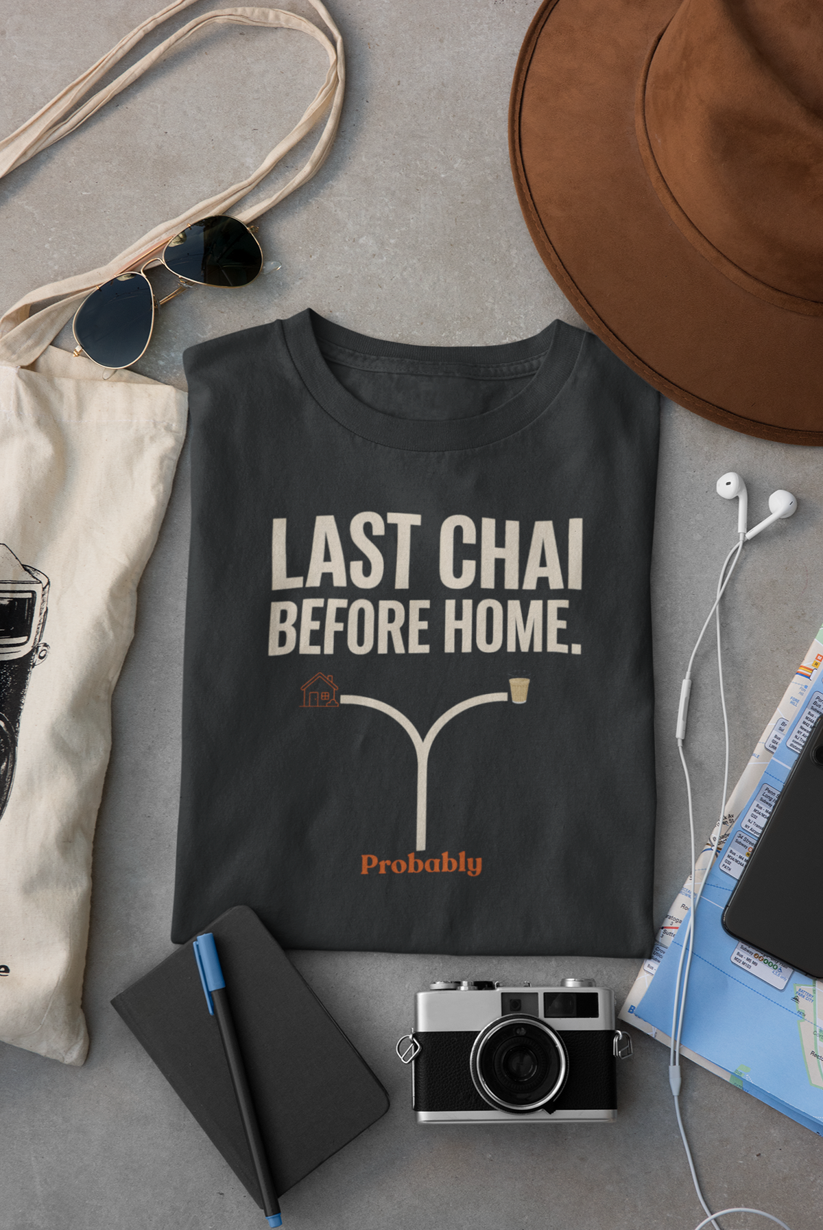 Navy Blue Vipaniq classic T-shirt with Last Chai Before Home route and chai graphic.