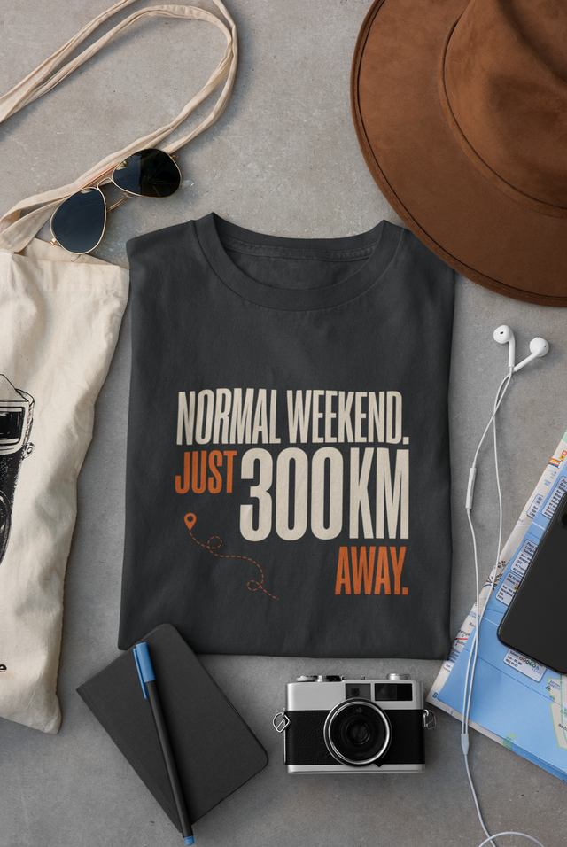 Navy Blue Vipaniq classic T-shirt with Normal Weekend Just 300 KM Away distance and route graphic.