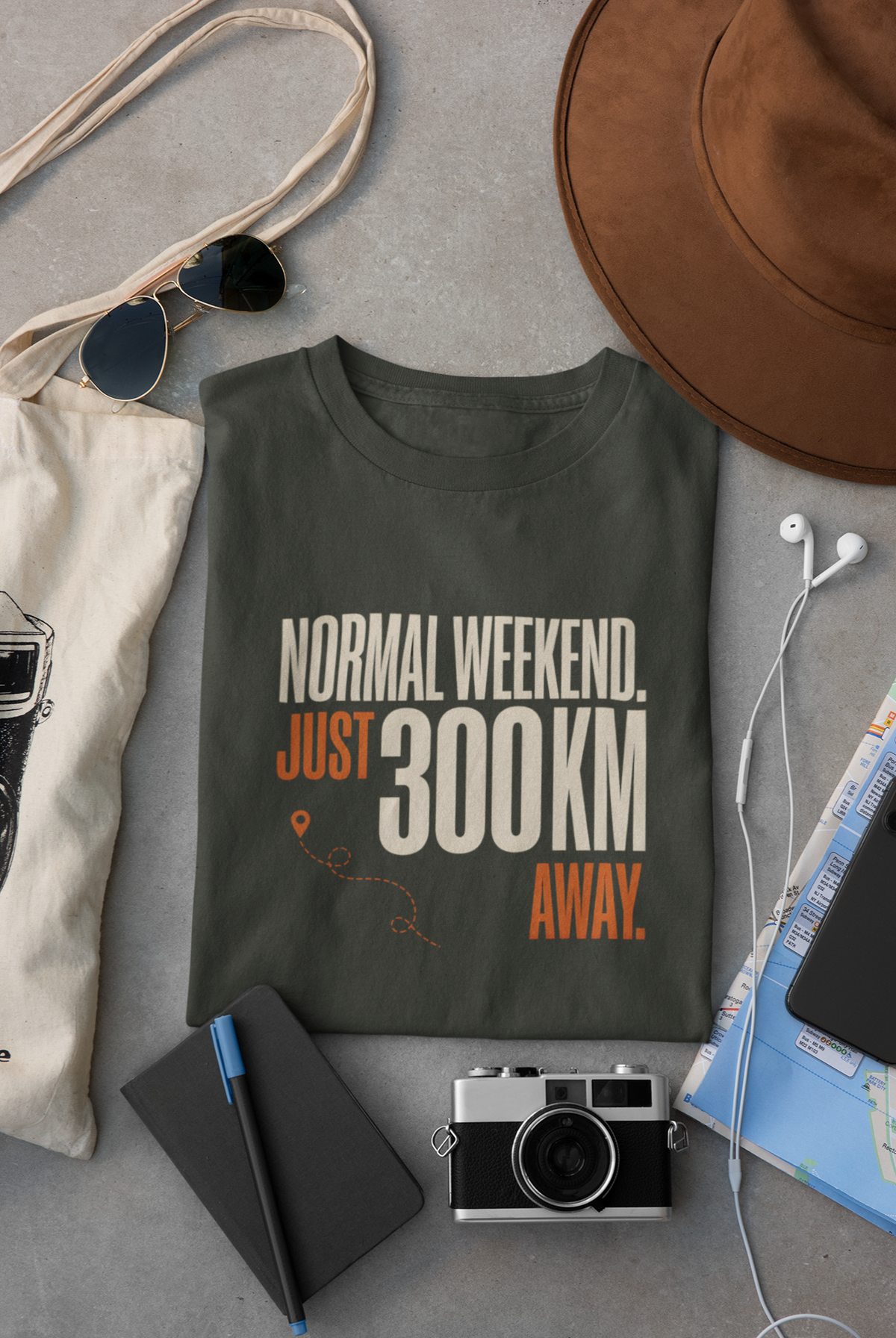 Olive Green Vipaniq classic T-shirt with Normal Weekend Just 300 KM Away distance and route graphic.