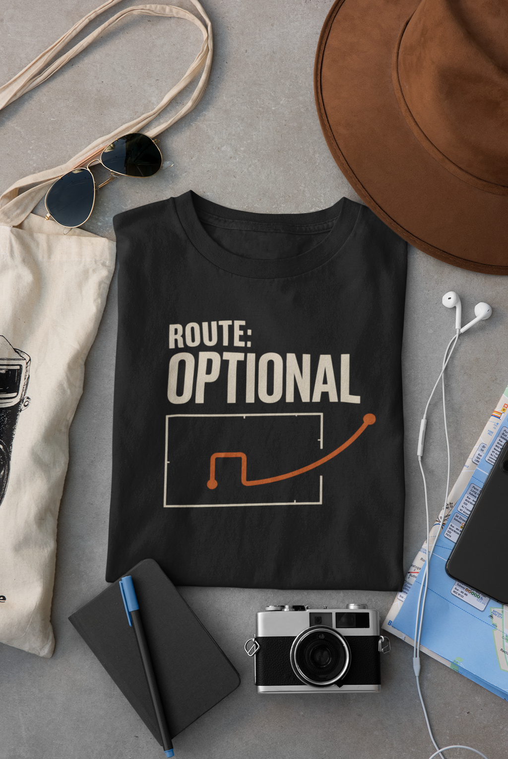 Black Vipaniq classic T-shirt with Route Optional cream lettering and orange detour graphic.