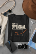 Black Vipaniq classic T-shirt with Route Optional cream lettering and orange detour graphic.