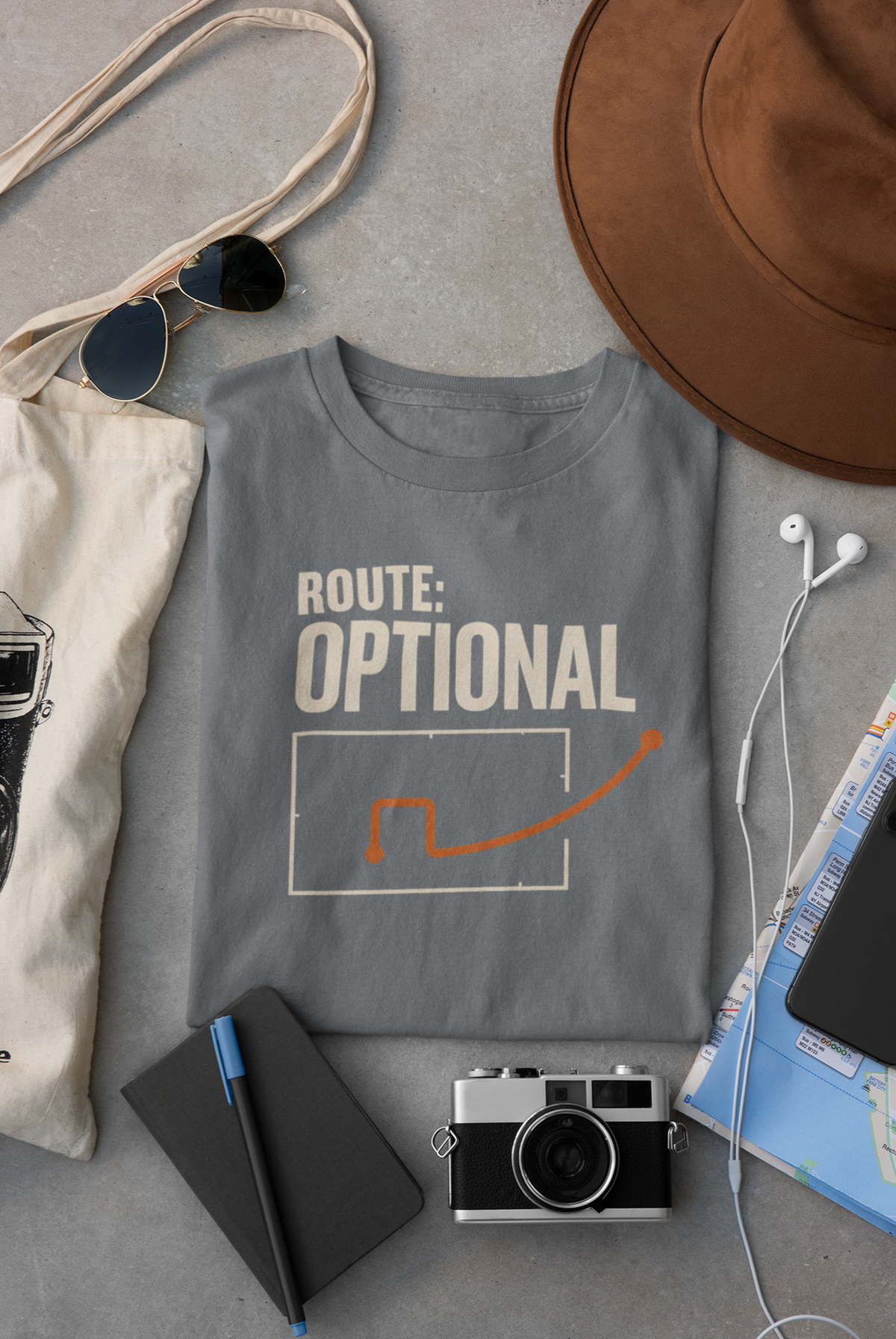 Grey Melange Vipaniq classic T-shirt with Route Optional cream lettering and orange detour graphic.