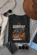 Black Vipaniq classic T-shirt with Sunday Ride Department motorcycle and sunrise graphic.