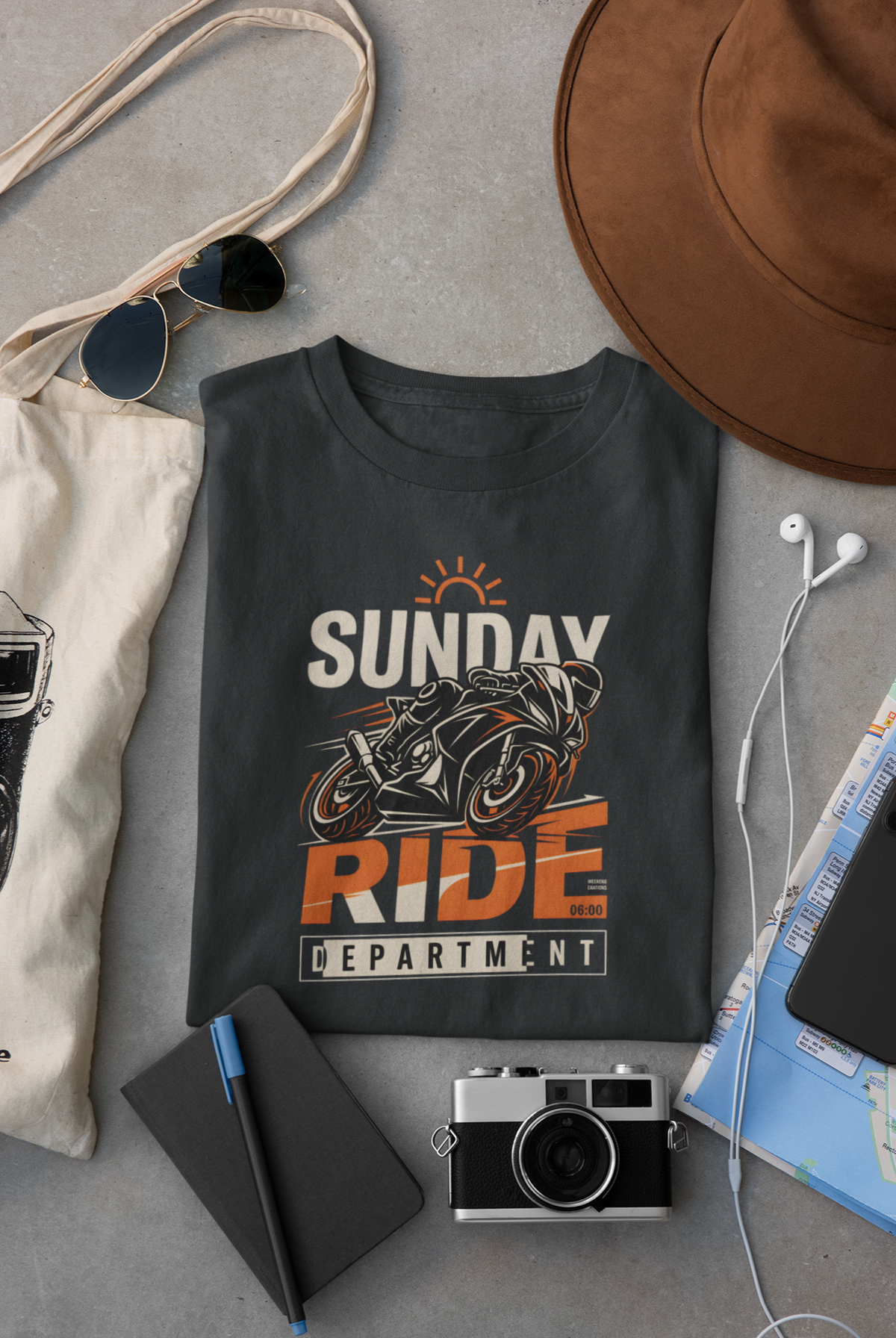 Navy Blue Vipaniq classic T-shirt with Sunday Ride Department motorcycle and sunrise graphic.
