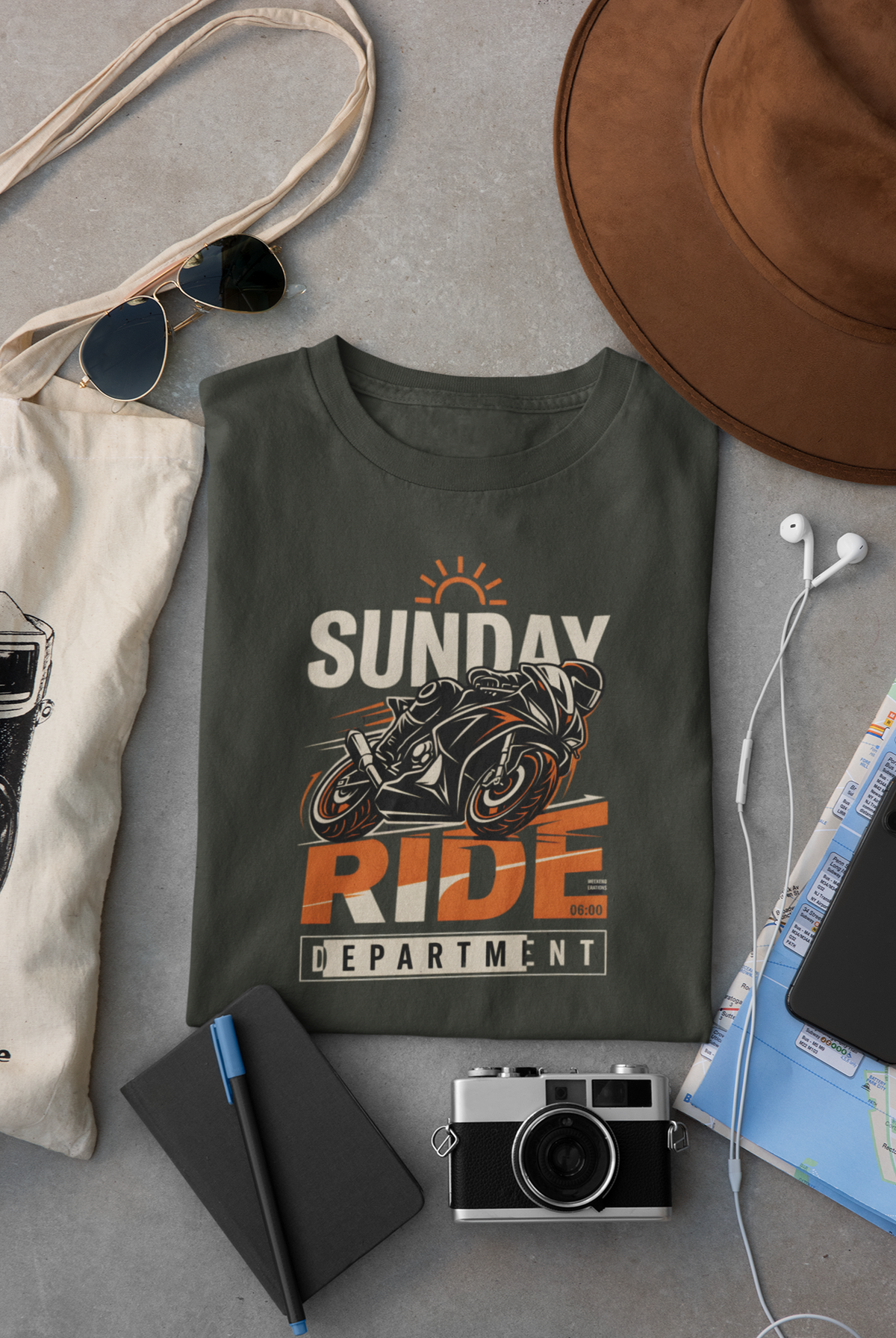 Olive Green Vipaniq classic T-shirt with Sunday Ride Department motorcycle and sunrise graphic.