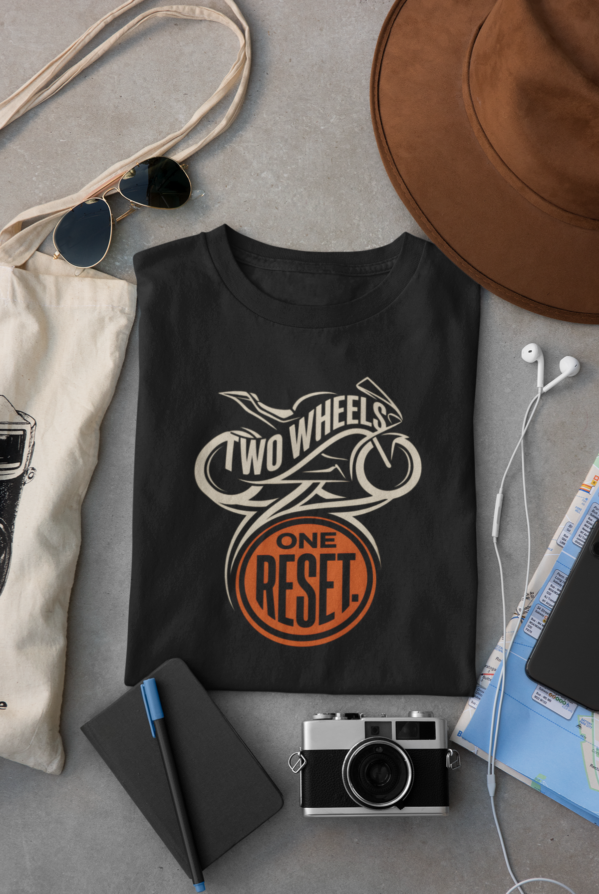 Black Vipaniq classic T-shirt with Two Wheels One Reset motorcycle emblem graphic.