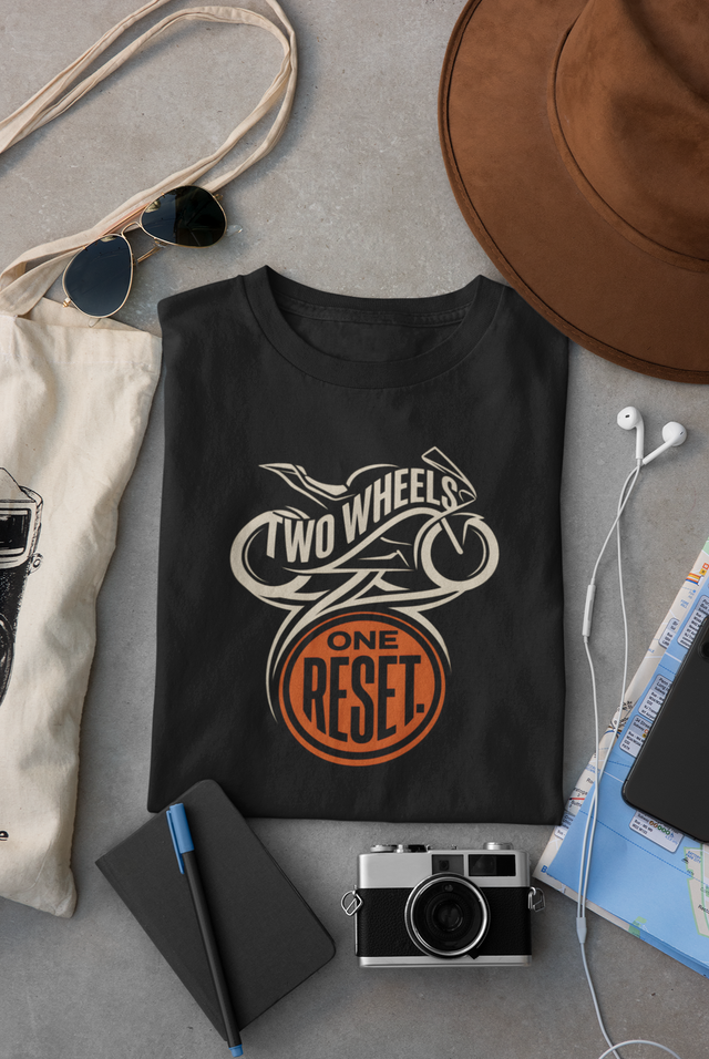 Black Vipaniq classic T-shirt with Two Wheels One Reset motorcycle emblem graphic.