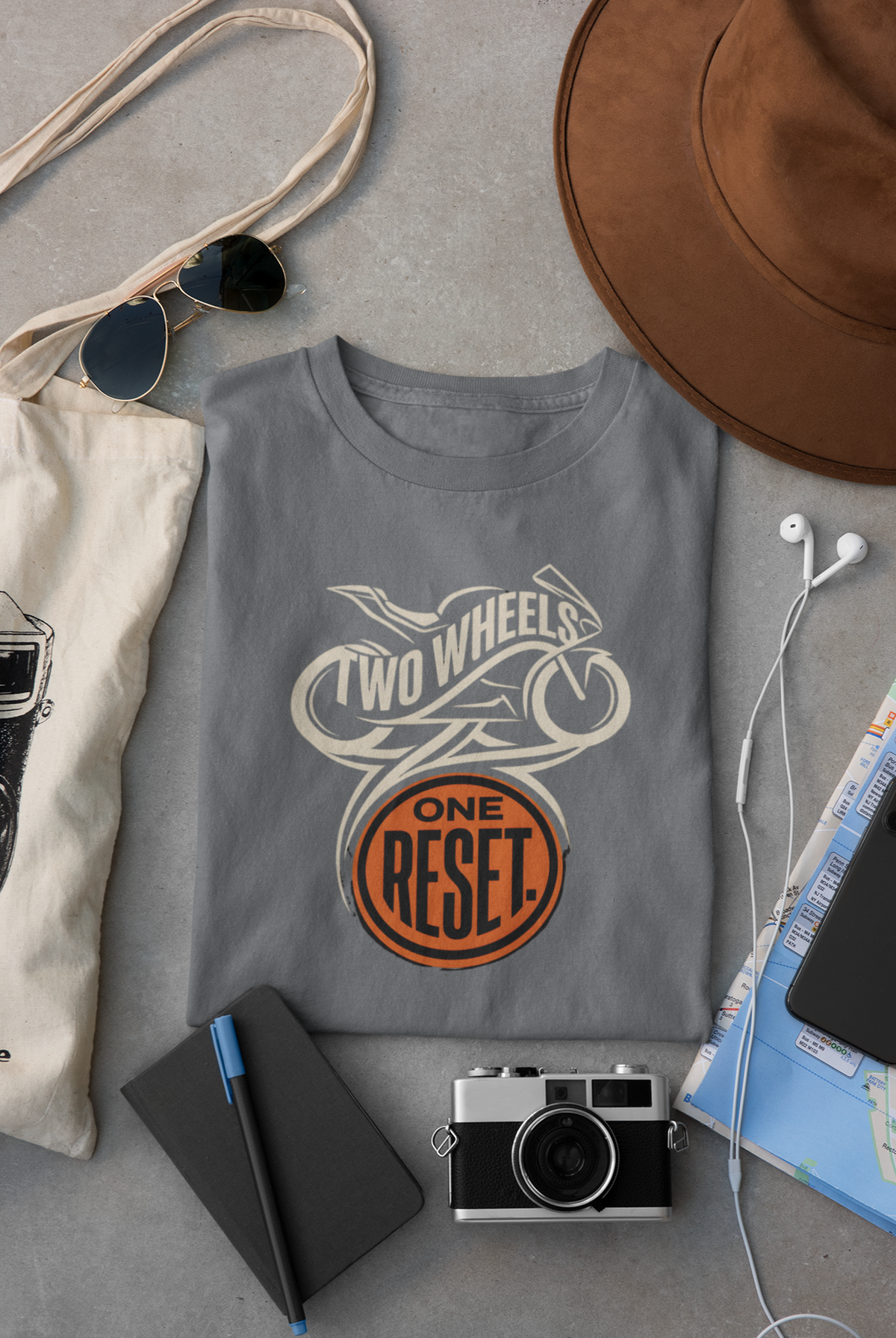 Charcoal Melange Vipaniq classic T-shirt with Two Wheels One Reset motorcycle emblem graphic.