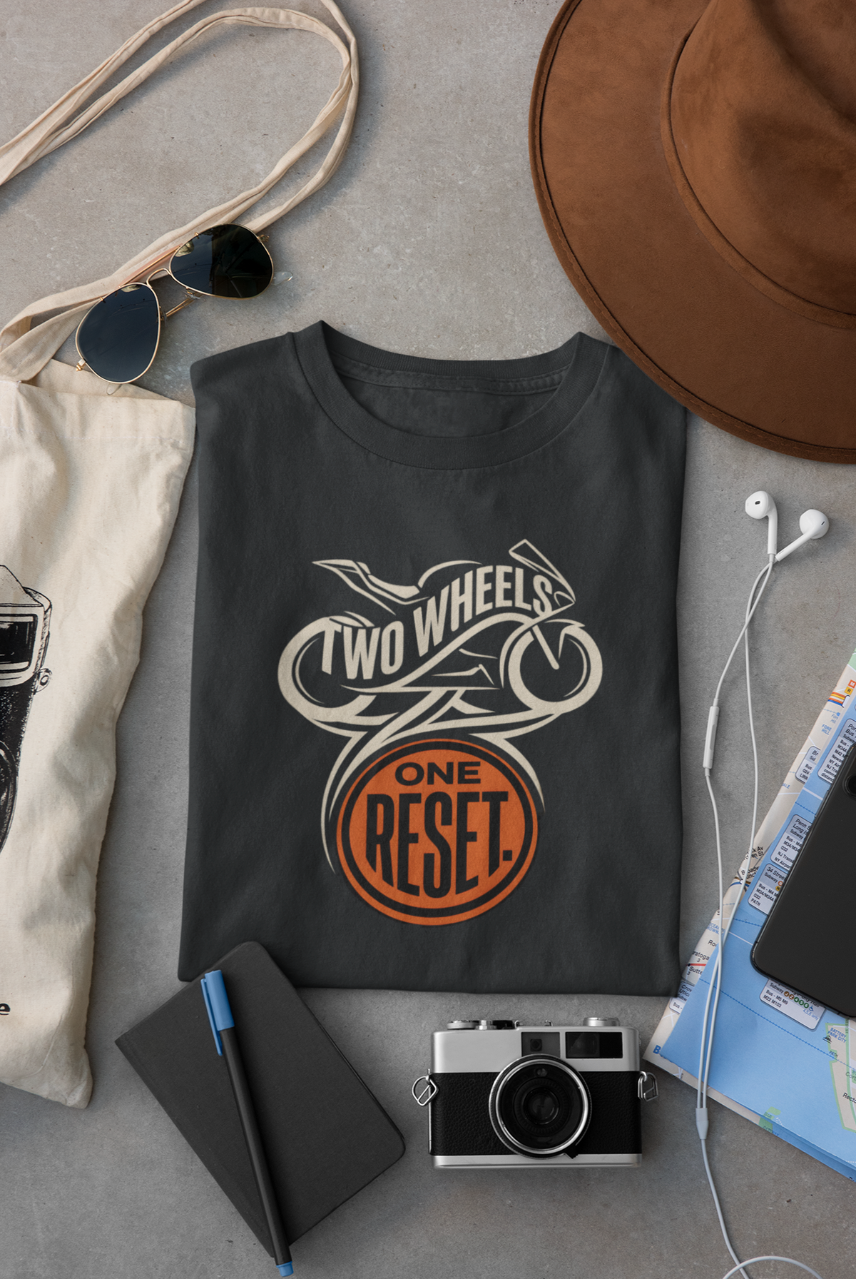 Navy Blue Vipaniq classic T-shirt with Two Wheels One Reset motorcycle emblem graphic.
