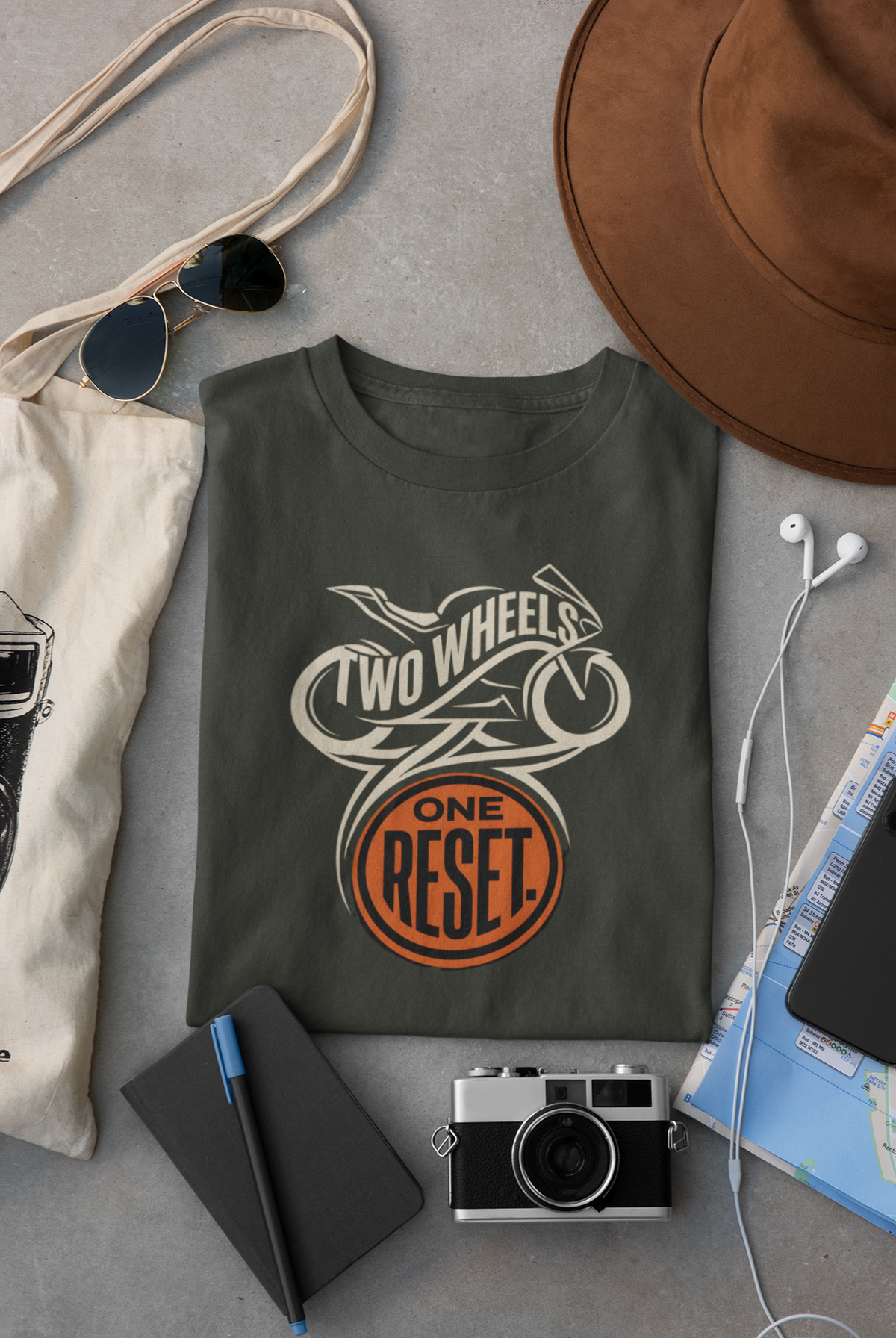 Olive Green Vipaniq classic T-shirt with Two Wheels One Reset motorcycle emblem graphic.