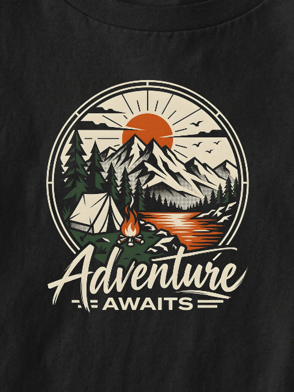 Macro detail of Adventure Awaits circular mountain campsite graphic from 4500x5400 master on 240 GSM combed cotton.