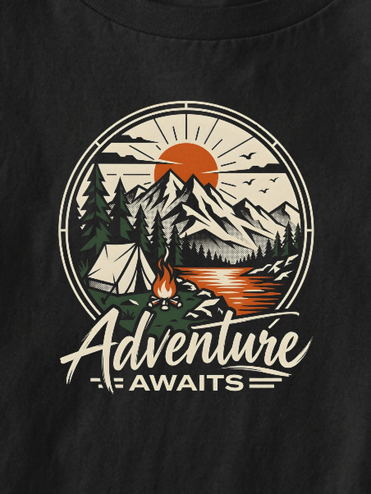 Macro detail of Adventure Awaits circular mountain campsite graphic from 4500x5400 master on 240 GSM combed cotton.