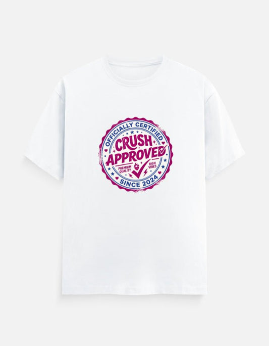Crush Approved typography graphic design on a Unisex Classic Crew T-Shirt inspired by crushes, romance and confidence