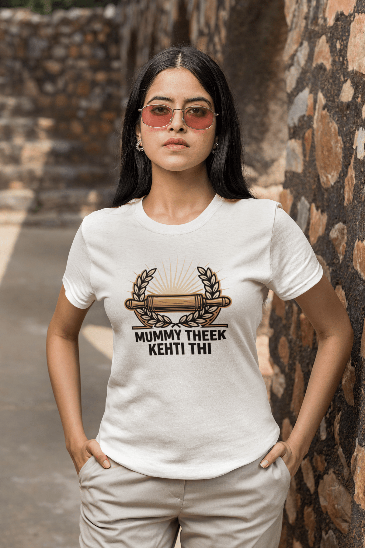 Mummy Theek Kehti Thi vintage badge graphic print on regular fit classic t-shirt by VIPANIQ