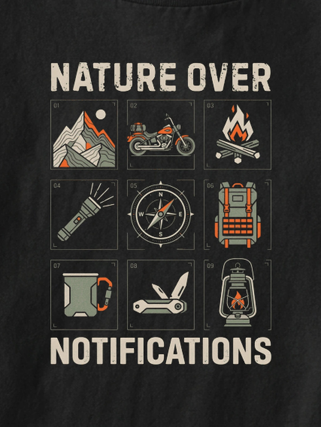 Macro detail of Nature Over Notifications 3x3 touring gear graphic from 4500x5400 master on 240 GSM combed cotton.