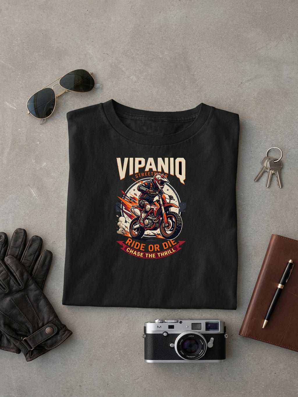 Ride Or Die Chase The Thrill Black oversized T-shirt laid flat on studio canvas, full-scale 42.2% torso DTG print.