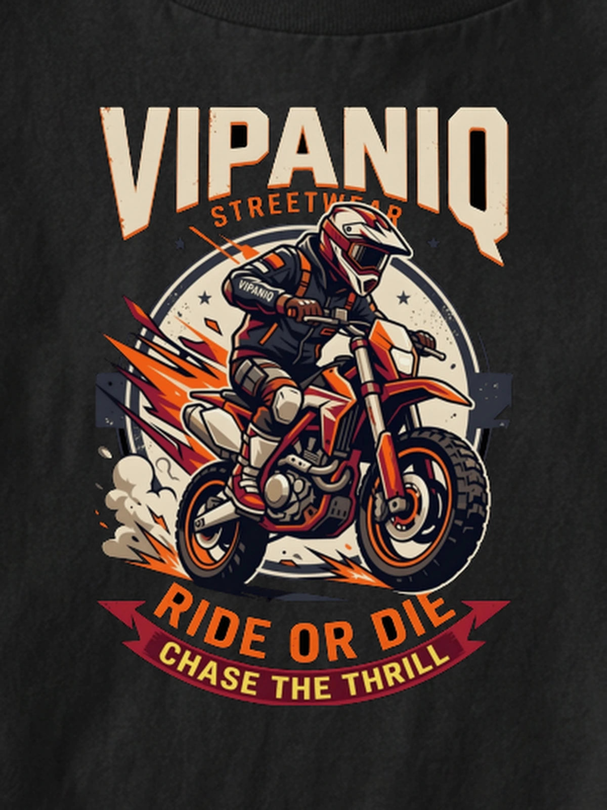 Macro detail of VIPANIQ Ride Or Die Chase The Thrill supermoto graphic on 240 GSM combed cotton.