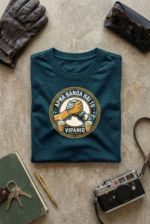 Vipaniq Apna Banda Hai Tu Classic T-Shirt in Petrol Blue – flat lay