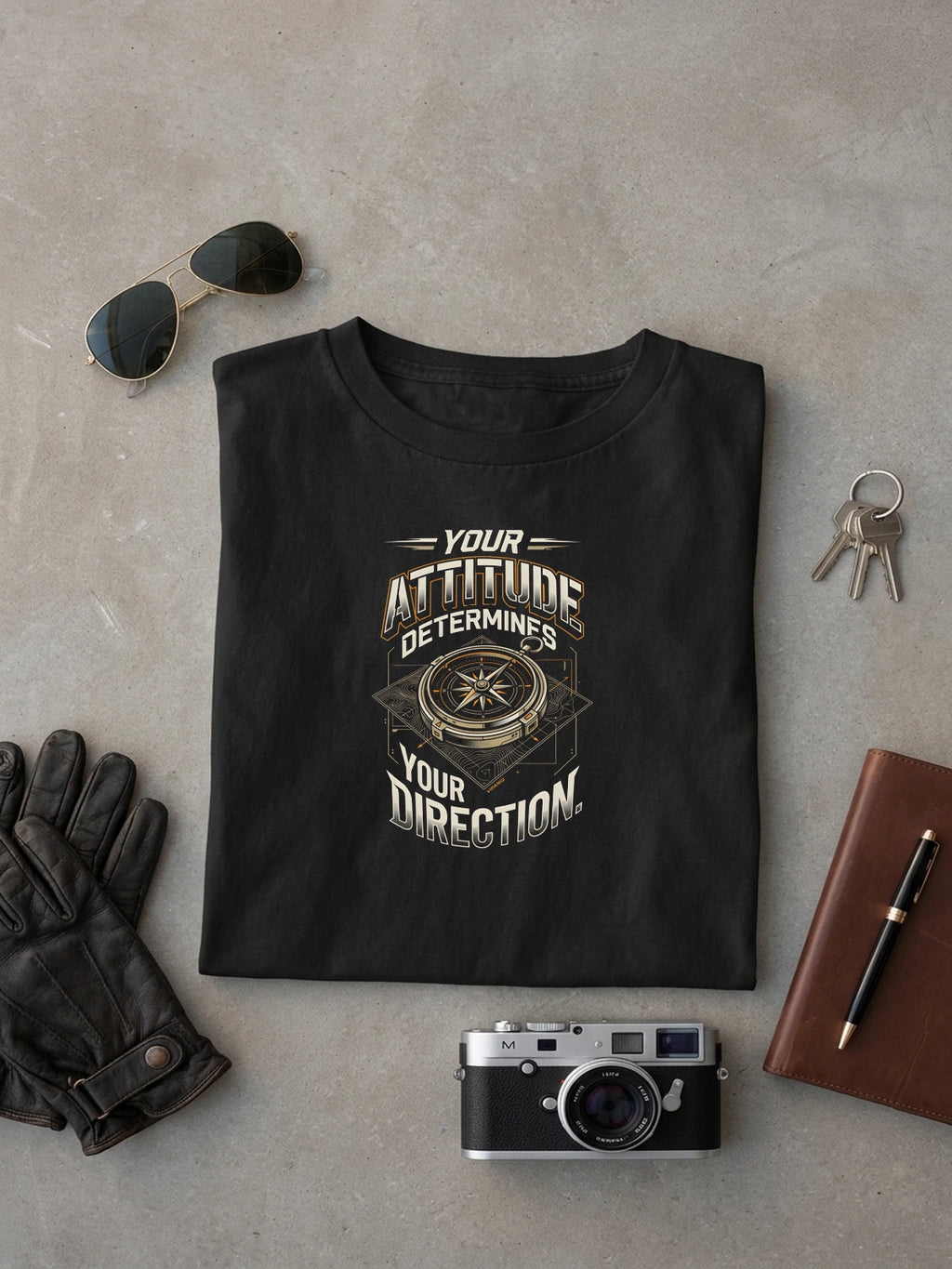 Attitude Determines Direction Black oversized T-shirt laid flat on studio canvas, full-scale 41.5% torso DTG print.