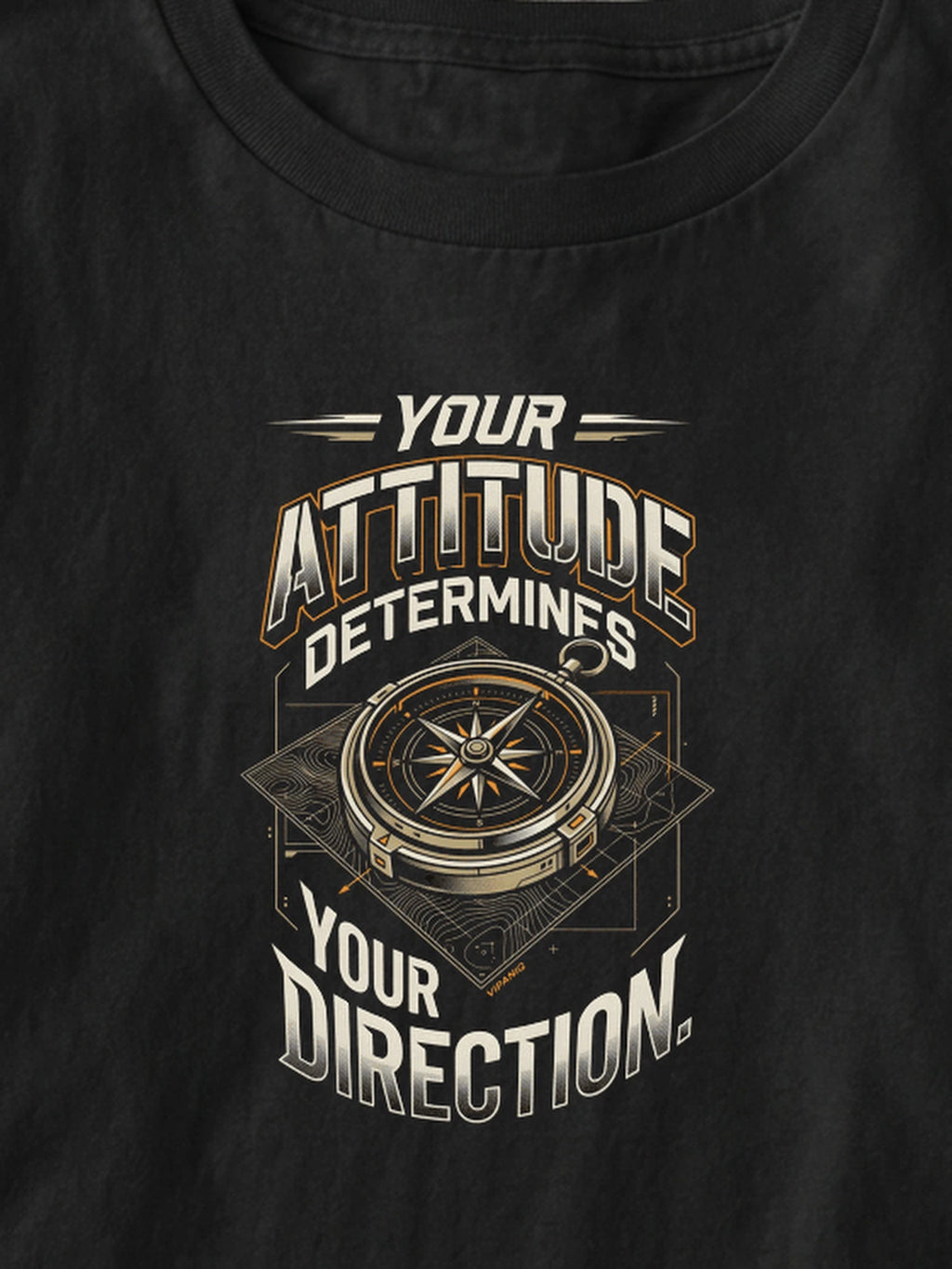 Macro detail of Attitude Determines Direction compass graphic from 4500x5400 Canva master on 240 GSM combed cotton.
