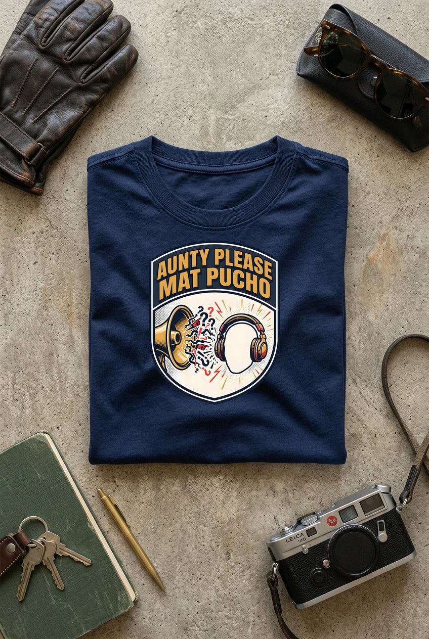 Vipaniq Aunty Please Mat Pucho Classic T-Shirt in Navy Blue – flat lay