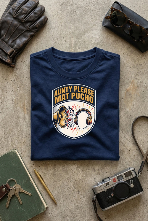 Vipaniq Aunty Please Mat Pucho Classic T-Shirt in Navy Blue – flat lay