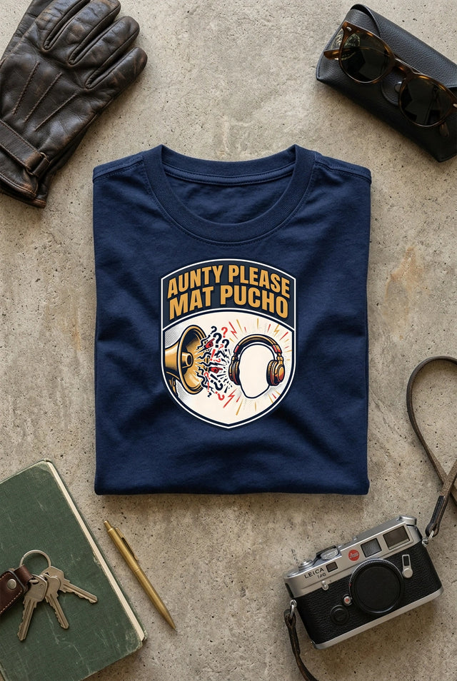 Vipaniq Aunty Please Mat Pucho Classic T-Shirt in Navy Blue – flat lay