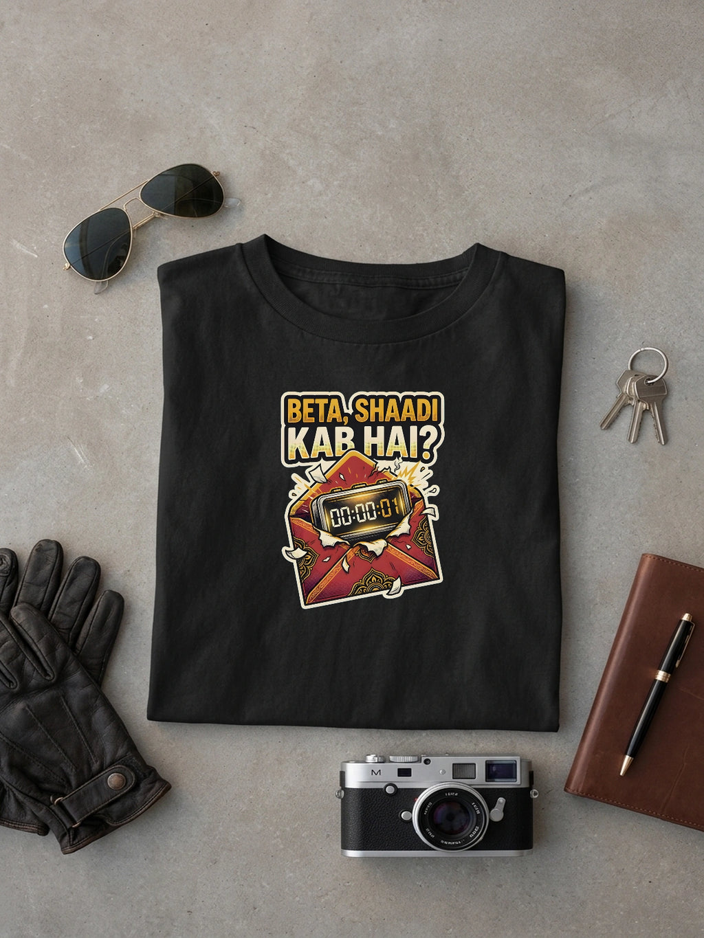 Vipaniq Beta, Shaadi Kab Hai Classic Tee in Black – 41.5% Torso DTG Print on Combed Cotton Flatlay