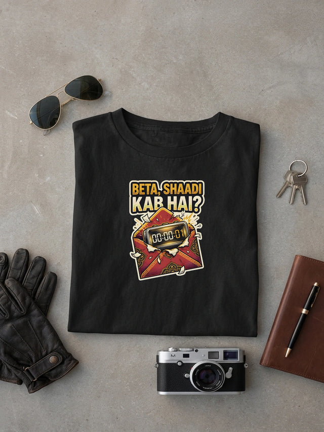 Vipaniq Beta, Shaadi Kab Hai Classic Tee in Black – 41.5% Torso DTG Print on Combed Cotton Flatlay