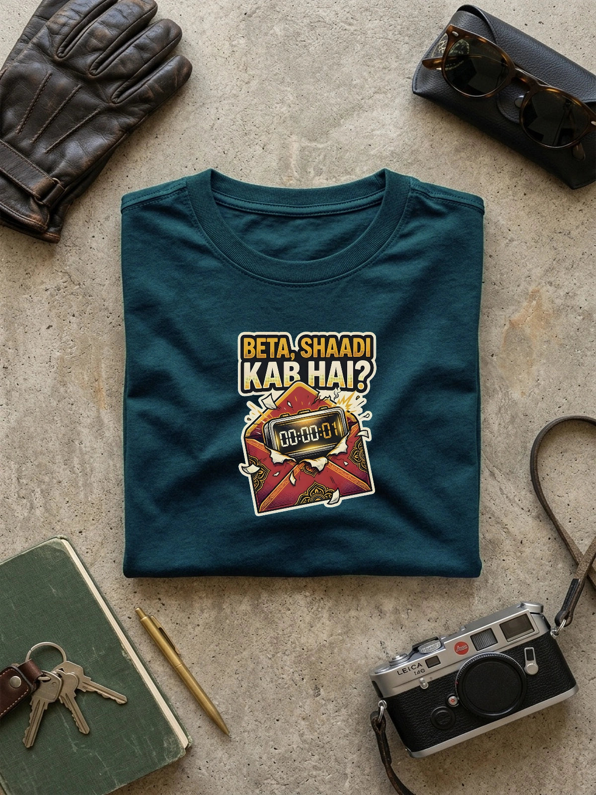 Vipaniq Beta, Shaadi Kab Hai Classic Tee in Petrol Blue – 41.5% Torso DTG Print on Combed Cotton Flatlay