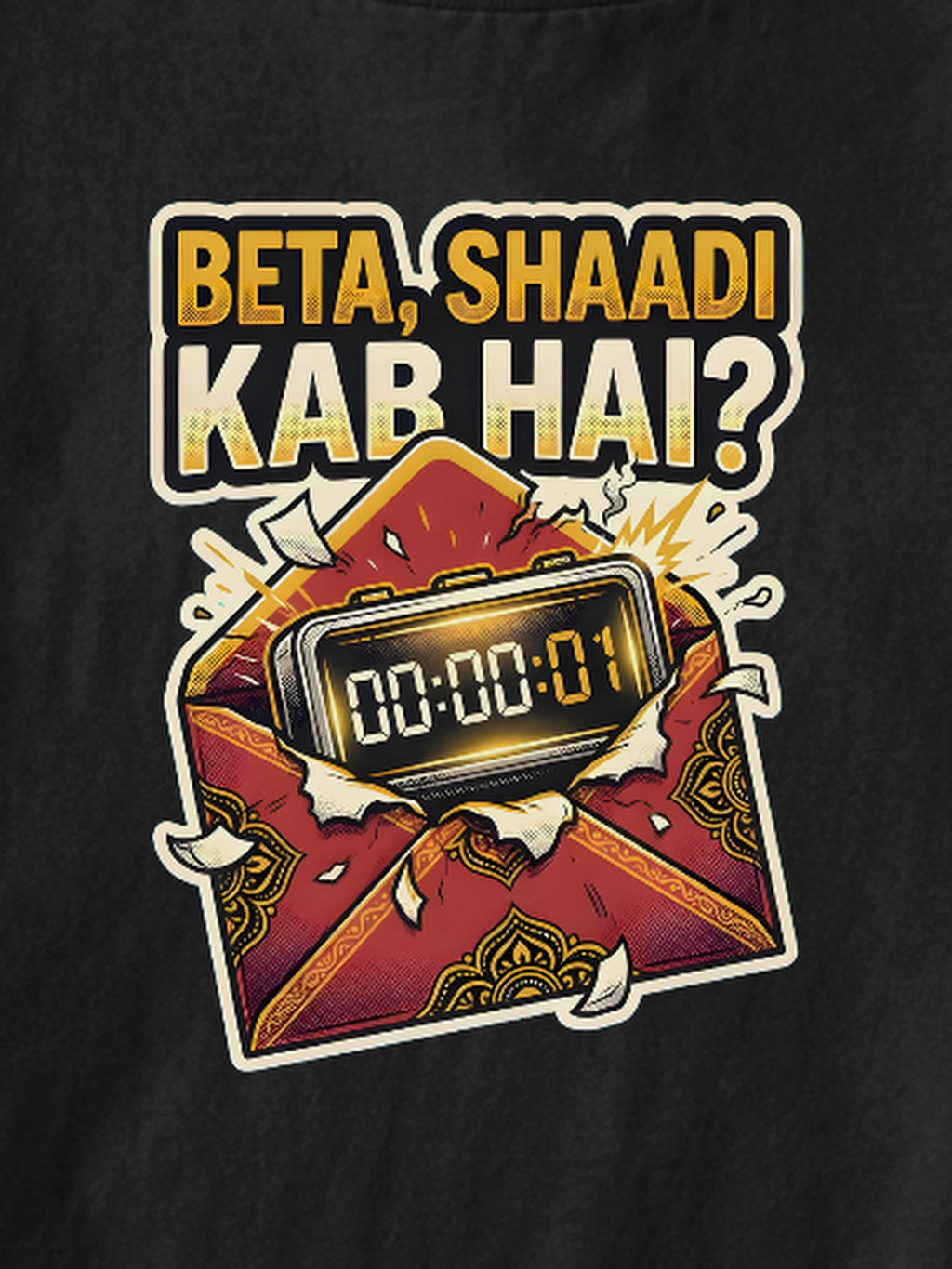 Dynamic macro optical close-up of Beta, Shaadi Kab Hai print detail and combed cotton jersey texture