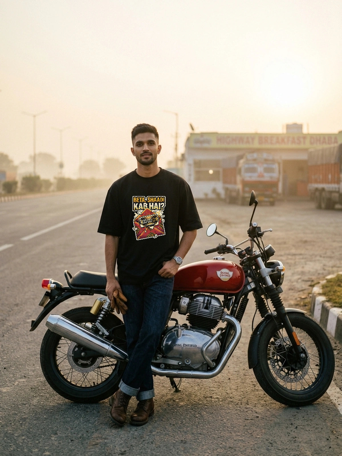 Rohan wearing Vipaniq Beta, Shaadi Kab Hai Classic Tee at highway dhaba – single portrait on-model view