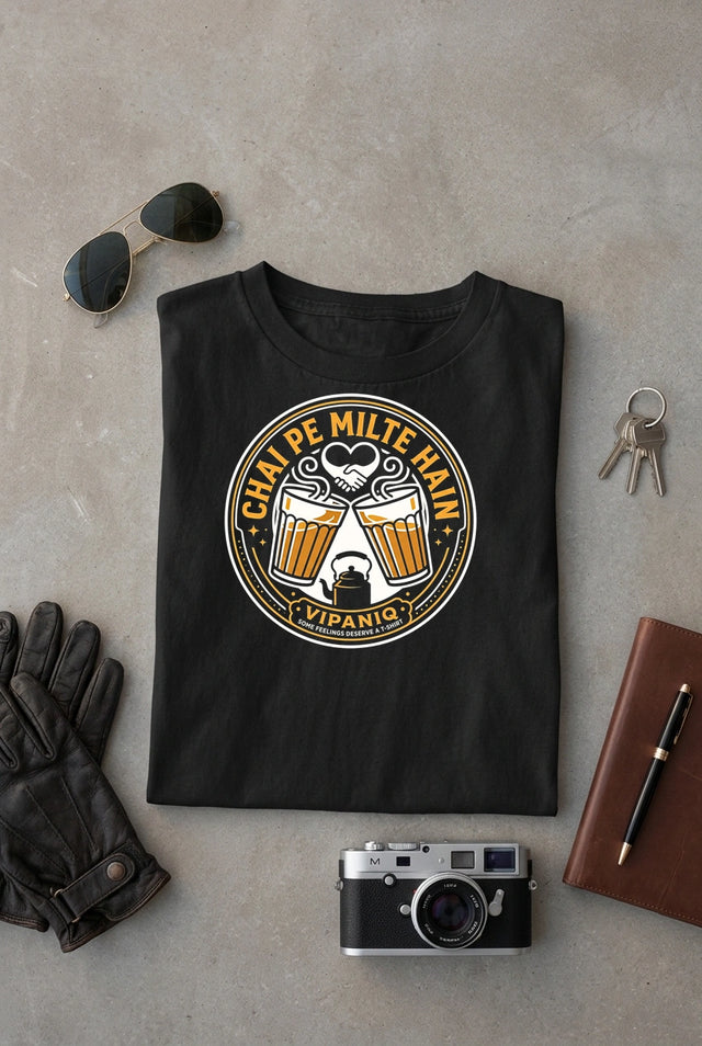 Vipaniq Chai Pe Milte Hain Classic T-Shirt in Black – flat lay