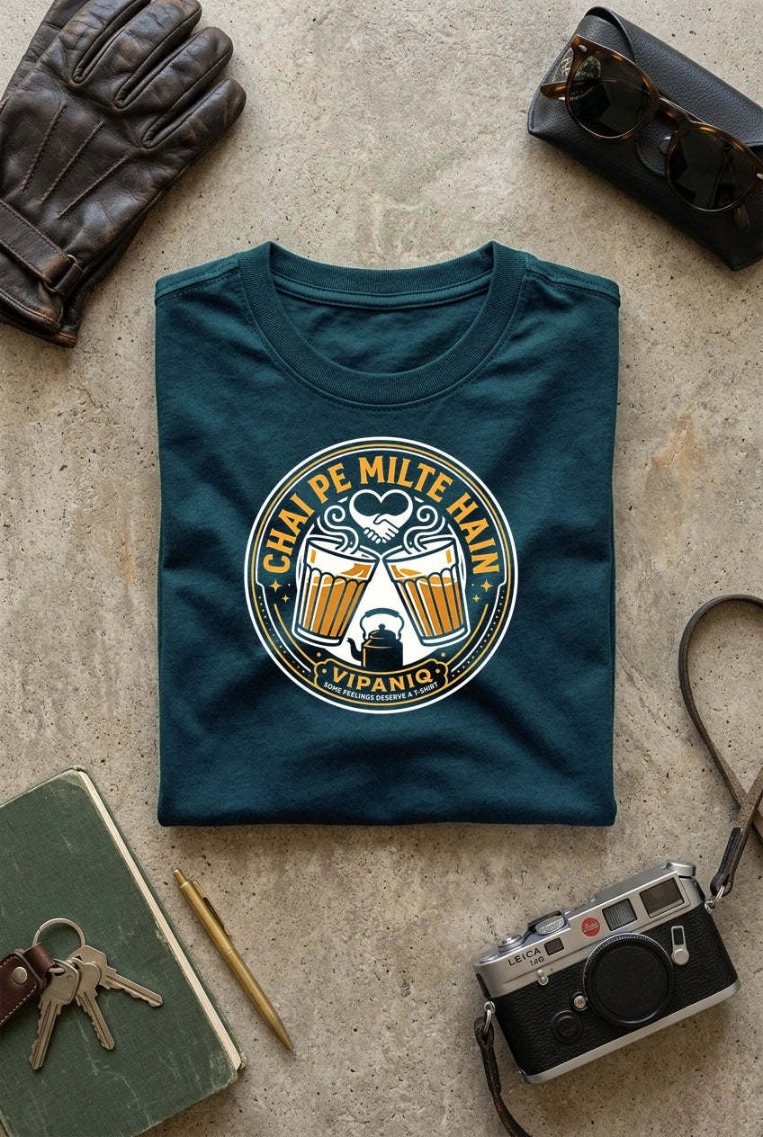 Vipaniq Chai Pe Milte Hain Classic T-Shirt in Petrol Blue – flat lay