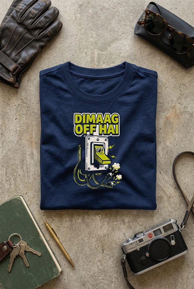 Vipaniq Dimaag Off Hai Classic T-Shirt in Navy Blue – flat lay