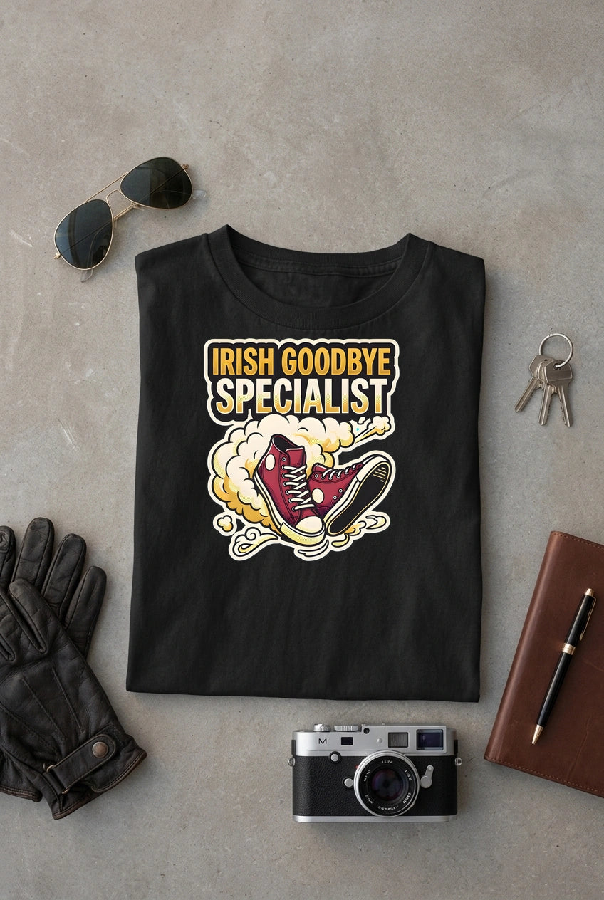 Vipaniq Irish Goodbye Specialist Classic T-Shirt in Black – flat lay