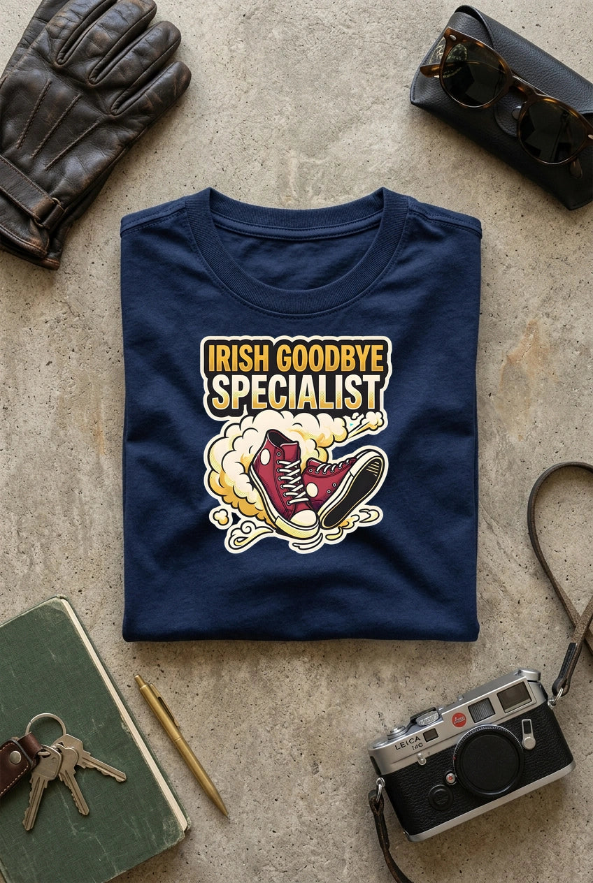 Vipaniq Irish Goodbye Specialist Classic T-Shirt in Navy Blue – flat lay