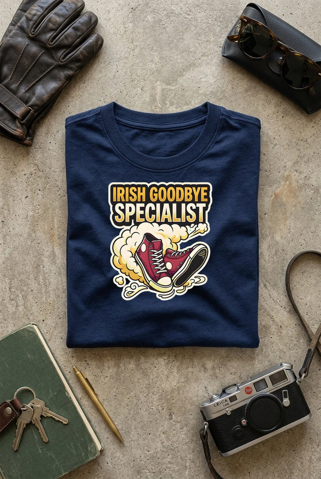 Vipaniq Irish Goodbye Specialist Classic T-Shirt in Navy Blue – flat lay