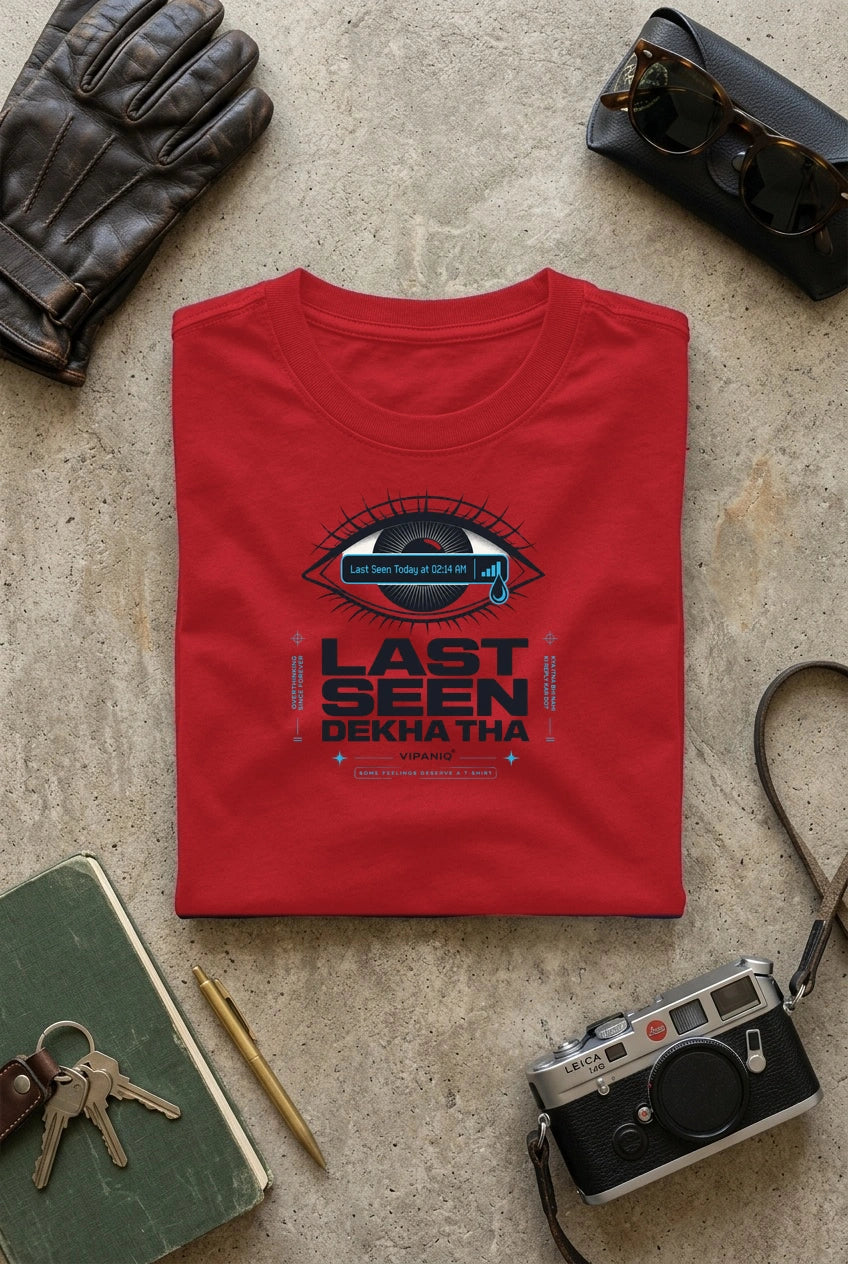 Vipaniq Last Seen Dekha Tha Classic T-Shirt in Red – flat lay